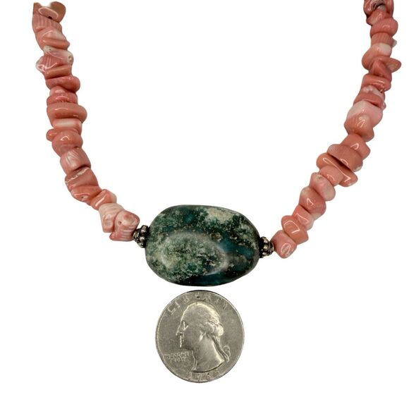 Pink Coral Chunky Turquoise Pendant Necklace 19" 925 Sterling Silver Boho - Picture 4 of 16